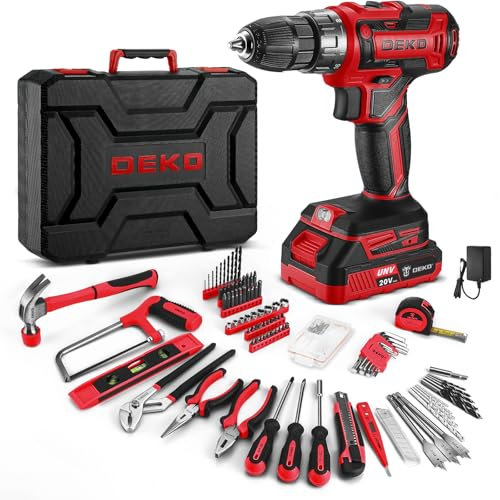 DEKO Cassetta Attrezzi Completa con Trapano Avvitatore Batteria 20V, 186 Pezzi, Set Completo di Punte(Rosso)