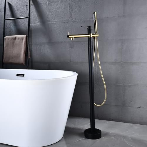 XJTNLB Freistehende Badewanne Armatur Schwarz+Gold Badewannenarmatur mit Brause 360° Schwenkbar Duschgarnitur Set mit Handbrause