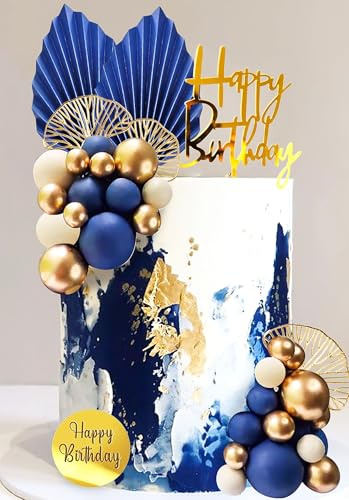Roaring Good Time Champagne Cake Decoration Blue Balls Cake Decoration Silver Palm Leaves Cake Topper Blue Gold Ball for Wedding Birthday Anniversary