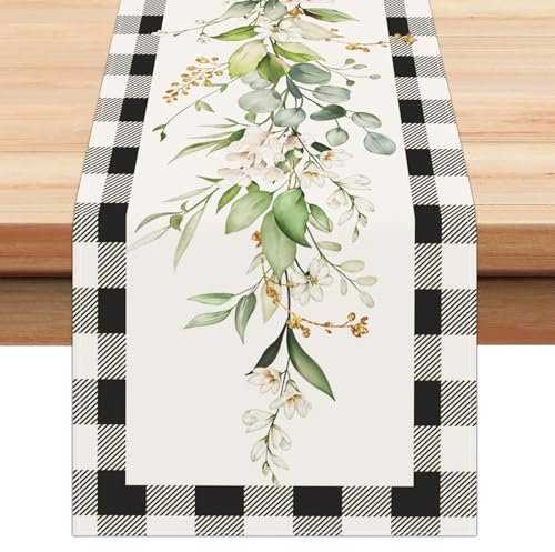 Bonhause Tischläufer Eukalyptus Blätter Blumen Plaid Tischläufer Frühling Pflanzen Küche Esstisch Dekoration für Drinnen Draußen Urlaub Party Waschbar Wohnkultur Tafeltuch (33 x 183 cm)