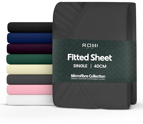 Rohi Single Fitted Sheet 100% Microfibre – 16'' (40cm) Extra Deep Fitted Sheet with Elasticated Corners – Ultra Soft, Hypoallergenic & Durable Bed Sheet – Bottom Sheet (Dark Grey – 90 x 190cm)
