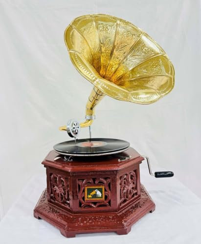 Gramophone vintage réplique de gramophone à l'aspect ancien, base en bois avec sculptures florales, haut-parleur en corne dorée (8 cônes marron sculpté gramophone (32 x 37 x 75 cm)
