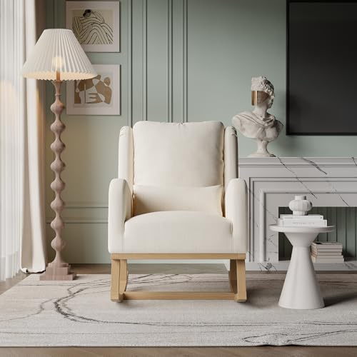 Tanant Schaukelstuhl mit Seitentasche, Wohnzimmer-Lounge-Sessel, Gepolsterter Schwingsessel mit Holzgestell, Bequem Lesesessel Holz für Wohnzimmer Schlafzimmer(Leinen + Beige, 96 * 93 * 68cm)