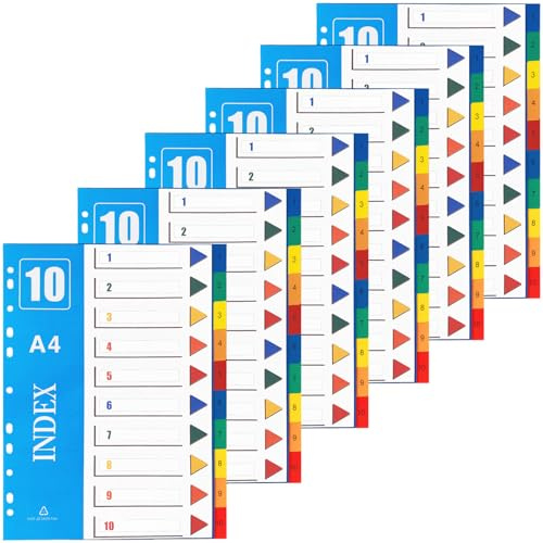 1-10 Teilige Akten-Trennblätter A4【6er Pack】Kunststoff A4 Ordner-Trennblätter für Ringordner mit 11 Löchern, mehrfarbige Akten-Trennblätter für Ordner, Mehrzweck-Registerblätter mit Löchern für Schule