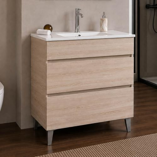 Yellowshop | Mobile Bagno Musa 80 cm - Composizione Completa con Lavabo Ceramica e 2 cassetti con Guida Soft-Close - Finitura Rovere (Mobile con Lavabo)