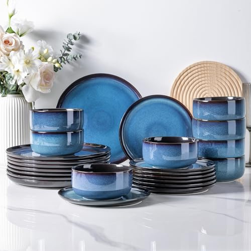 LeRatio Dinner Set for 8, 24 Piece Stoneware Plates and Bowls Set, Chip & Scratch Resistant Reactive Glazed Dinnerware Set, Dishwasher & Microwave Safe Crockery Set, Space Blue
