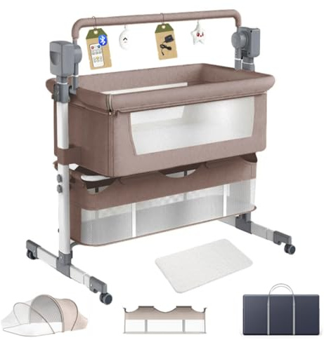 Dziranam Beistellbett Baby, Stubenwagen Baby mit Rollen, Atmungsaktives Netzgewebe, Sicheres und Stabiles Design, Babybett mit 5 Schaukelmodi(Khaki)