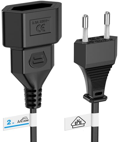 Ancable - Cavo di prolunga piatto, 2 m, certificato VDE, spina europea di tipo C a presa europea, cavo di prolunga per TV, monitor, elettrodomestici, nero