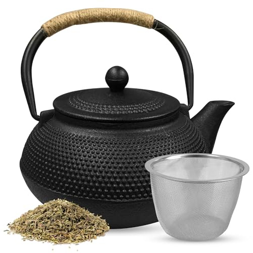 Treasy Tetera de hierro fundido de 850 ml de estilo japonés – Tetera de hierro fundido con colador de acero inoxidable – Tetera de hierro negro para té suelto – Diseño tradicional japonés