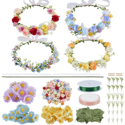 FREEBLOSS 4 Set DIY Blumenkronen Set Kranz Stirnbänder Und Armbänder Für Hochzeiten Braut Blumenkronen Girlanden Haar Accessoires Machen Sie Ihre Eigene Blumenkranz Krone