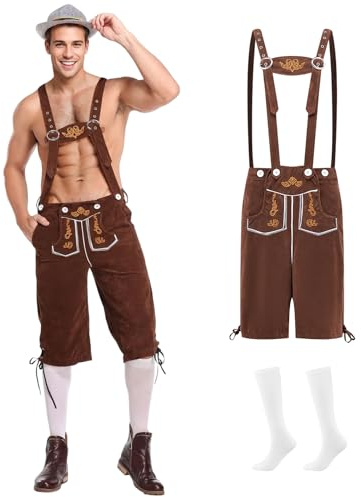 Harsever Pantalon en cuir pour homme - Costume traditionnel pour la fête de la bière - Avec bretelles et chaussettes - Pantalon en cuir pour homme - Noir/marron - Costume traditionnel bavarois pour