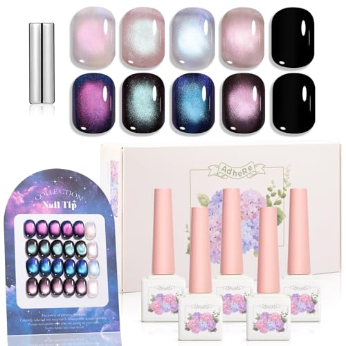 ADHERE 12ml 5pcs Universal Magnetic Gel Set with Magnetic Stick, 1 x Black + 4 x Cat Eye Gel Polish Holographic Glitter UV LED Nail Varnish for Nail Salon DIY Design