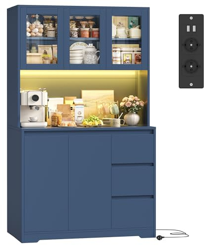 FirFurd Köksskåp, bufféskåp med LED-skänk, för kök med grenuttag, köksskåp med bänkskiva och 3 lådor, köksbuffé med justerbar hylla, blå, 180 x 100 x 38,5 cm