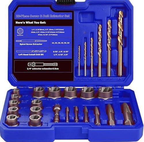26 Piece Broken Nut and Bolt Extractor Kit Including Spiral Screw Extractors Left Hand Twist Drill Bits and Multi Size Nut Removers with Carry Case