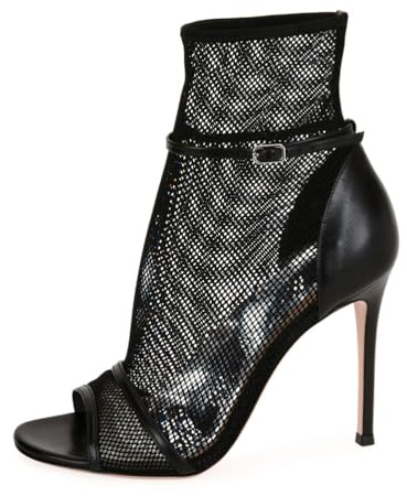 Botines de Malla con Punta Abierta y Tacón Alto para Mujer Botines Cortos de Verano con Hebillas a la Moda Sandalias de Vestir de Malla con Punta Redonda para Fiesta y Baile,Negro,45 EU