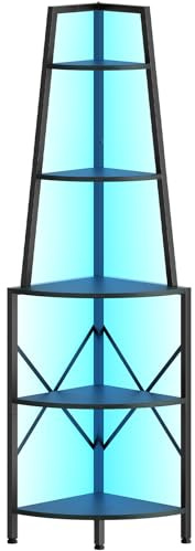 HOOBRO Eckregal 5 Ebenen mit LED-Beleuchtung, Bücherregal, Standregal, Pflanzenregal, Lagerregal für Wohnzimmer, Schlafzimmer, Küche und Arbeitszimmer, 42 x 42 x 172,5 cm, Schwarz EBB120DCJ01