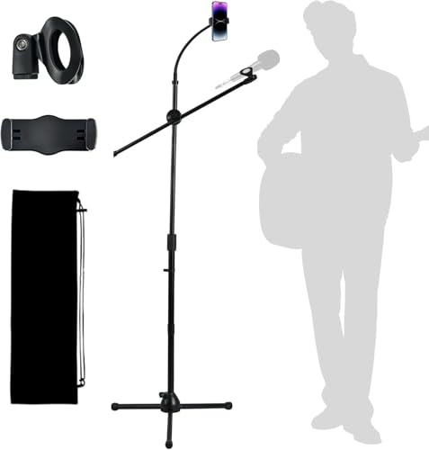 Microphone Floor Stand, Mic Stand Floor with Phone Holder Height Adjustable, Heavy-duty Tripod Stable Stand with Boom Arm Dual Device Mount for Streaming, Podcasting, Recording, and Live Performances