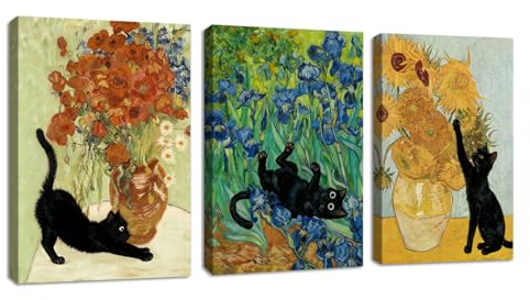 3Pcs Lustige Schwarze Katze Spielt mit Sonnenblumen Leinwand Bilder mit Rahmen Van Gogh Mohnblumen und Katze Wandbilder Schwertlilien Tiere Bild Auf Leinwand Deko für Wohnzimmer Schlafzimmer 40X60cm