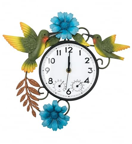 Twirleternity Orologio da esterno con termometro e igrometro, silenzioso, senza ticchettio, impermeabile, in metallo, decorativo, per soggiorno, giardino, margherita blu e colibrì
