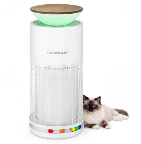 HAUSHOF Purificador de Aire HEPA H13 CADR 380 m³/h para Hasta 45 m² | Filtración 4 en 1, Sensor PM2.5, Modo Mascotas con Plataforma para Gatos y Pelotas Interactivas, Aromaterapia