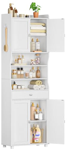Hzuaneri Badezimmerschrank, Hoher Badschrank mit 4 Türen und 1 Schublade, Beistellschrank mit Verstellbaren Ablage und 3 Offenen Fächern, für Wohnzimmer, Badezimmer 28 x 60 x 180 cm Weiß 5260013X