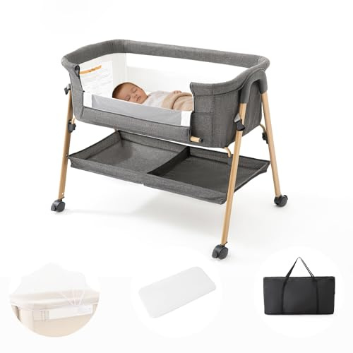Kakbgee Cuna Colecho, Minicuna Plegable, Moisés con Colchón Lavable, Mosquitera, Bolsa – Cuna De Viaje para Recién Nacidos 0-6 Meses, hasta 9 Kg, Imitación Madera, Gris
