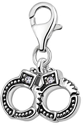 Quiges Charms Anhänger Weißer Zirkonia 3D Handschellen Versilbert Damen Schmuck für Bettelarmband