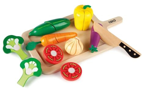 Tidlo Wooden Cutting Vegetables Set, 32 x 18 x 8cm | Classic Wooden Toy, Encourages Imaginative Role Play, Educational Gift for Kids