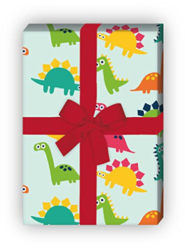 Kartenkaufrausch Lustiges Comic Dinosaurier Kinder Geschenkpapier Set für tolle Geschenk Verpackung, 4 Bögen Musterpapier, Dekorpapier zum basteln 32 x 48cm, auf hellblau