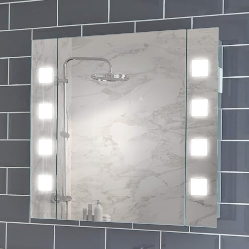 Pebble Grey LED Bathroom Mirror Cabinet 650x600mm – Pyrus Wired with Motion Sensor, Wall Mounted Bathroom Cabinet with Mirror and Light, Heated Demister Pad and Shaver Socket, Vanity Unit with Storage