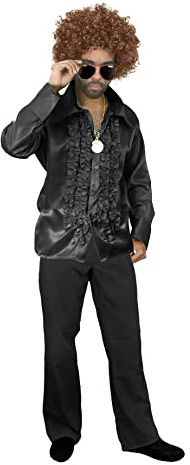 Mens 70S Disco Fancy Dress - Afro Wig, Disco Shirt, Flared Trousers, Gold Medallion and Sunglasses - Funky Night Fever Costume - Large