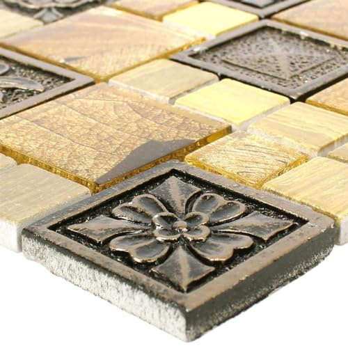Mosafil Glasmosaik Resin Ornament Mosaikfliesen Levanzo Gold 30x30cm Matt, Glänzend 1 Stück