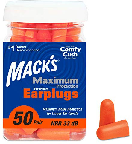 Mack’s Maximum Protection Soft Foam Earplugs – 50 Pair, 33 dB Highest NRR – Comfortable Ear Plugs for Sleeping, Snoring, Loud Concerts, Motorcycles and Power Tools | Made in USA