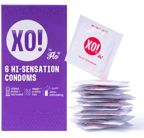 FLO | XO! Hi-Sensation Righteous Rubber Condoms, PETA-Certified Vegan, Fairly-Traded Latex, Ribbed, Dotted, Cruelty Free, Parabens/Glycerin Free, 6 Count