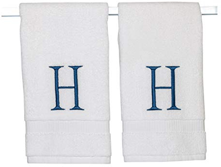 Decorvo Monogrammed Hand Towels for Bathroom - Luxury Hotel Quality Personalized Initial Decorative Embroidered Bath Towel for Powder Room, Spa - GOTS Organic Certified - Set of 2 Navy Letter H
