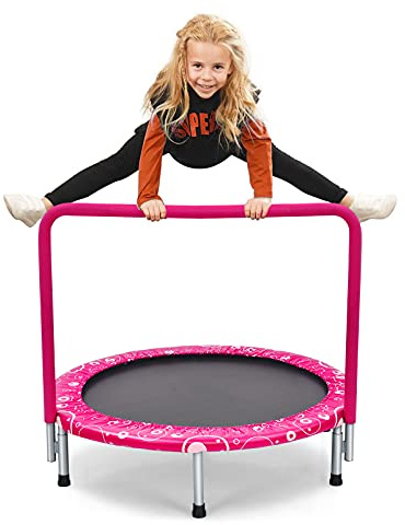 COSTWAY Mini Trampoline Enfants Pliable 92 cm avec Housse de Sécurité Matelassée et Poignée Recouverte pour Intérieur Charge maximale 150 KG (Rose)
