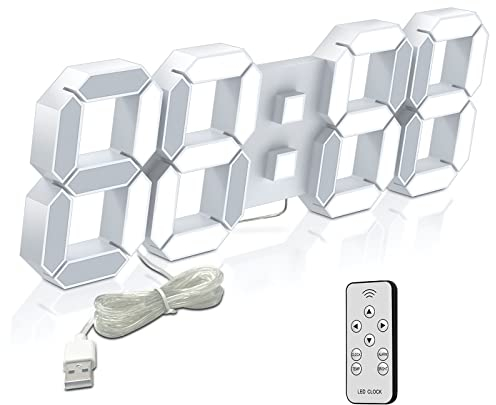 Deeyaple Reloj de Pared Digital LED 3D Grandes Despertador 38CM 12/24 Horas Temperatura Fecha Visualización Hora Memoria Despertador Snooze Luz Nocturna Brillo Ajustable Cocina Control Remoto Blanco