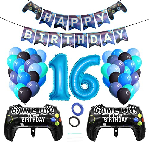 techextra Palloncini decorativi di compleanno ragazzo 16 anni G-Ballon TechExtra Videogioco Game Party Compleanno Decorazione Accessori Set con banner Happy Birthday per 16 anni