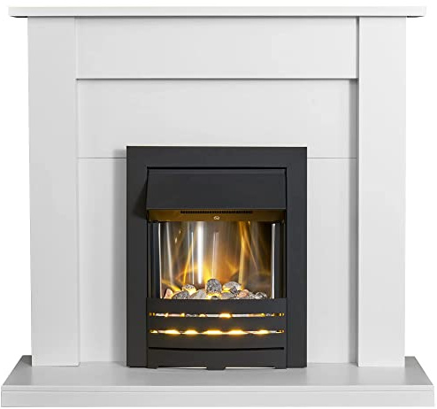Adam Sutton Fireplace in Pure White with Helios Electric Fire In Black, 43 Inch