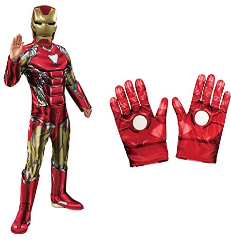 Rubie's Official Avengers Endgame Iron Man, Deluxe Child Costume - Small, Age 3-4, Height 117 cm & Official Marvel Avengers Assemble Iron Man Child Gloves,- One Size, Red