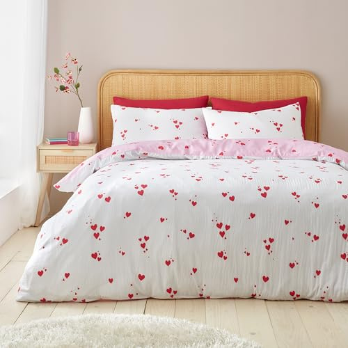Catherine Lansfield Seersucker-Bettwäsche-Set mit Kissenbezug, Herzmotiv, für Einzelbett, Weiß/Rot
