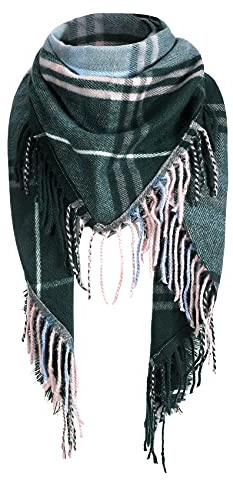 Durio Schal Damen Winter Dreieckstuch Herbstschal Schal Weich Deckenschal Kaschmir Tuch Elegant Mit Fransen Blau Grün Kariert Einheitsgröße