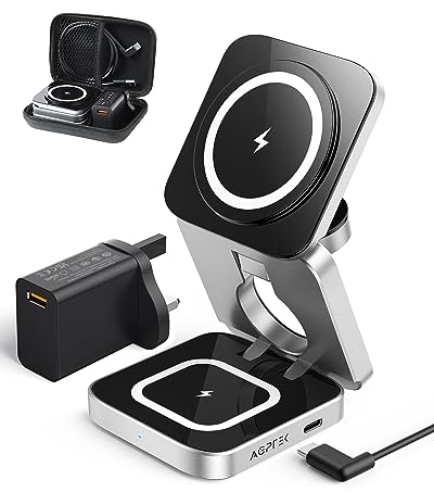 AGPTEK 3 in 1 Wireless Charging Station, Mag -Safe Magnetic Foldable Wireless Charger, Travel Charger for iPhone 16 15 14 13 12 Pro Max/Mini, for Apple Watch 2-9/Airpod, with Carrying Case 18W Adapter