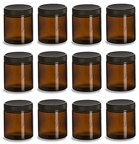 North Mountain Supply 6oz Amber Glass Jars, with 63mm Black Plastic Lids, Box of 12