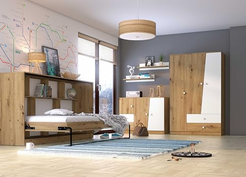 Kaiser Möbel Nero Schrankbett, Wandklappbett, Horizontal mit Matratze, Schlafzimmer, Jugenzimmer, Modern Design, Weiss/Eiche