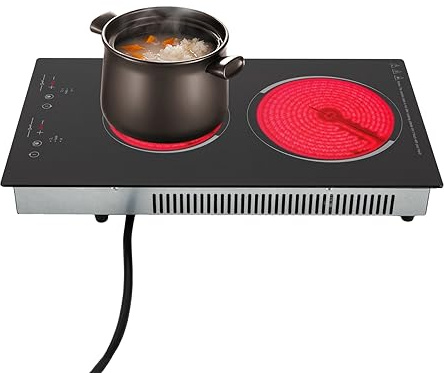 Electric Ceramic Cooktop With Plug, 1500W 110V Portable 2 Burners Built-in Sensor Touch Control Countertop Hot Plate, 9 Heating Levels