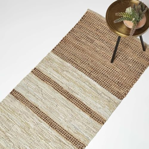 Homescapes Teppich-Läufer Leder braun beige gestreift 66x200 cm, Teppichläufer aus Recycling-Leder & Jute