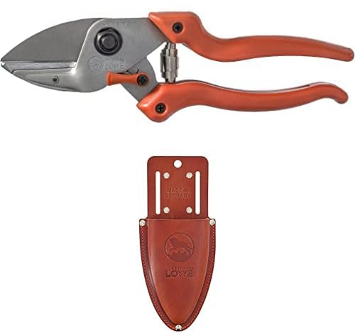 Original LÖWE Set bestehend aus Profi Amboss Gartenschere 6.104 für Schneidearbeiten am Apfelbaum, Pflaumenbaum & Leder Premium Holster 9809 mit Gürtel-Clip zur Aufbewahrung am Gürtel oder Hosentasche