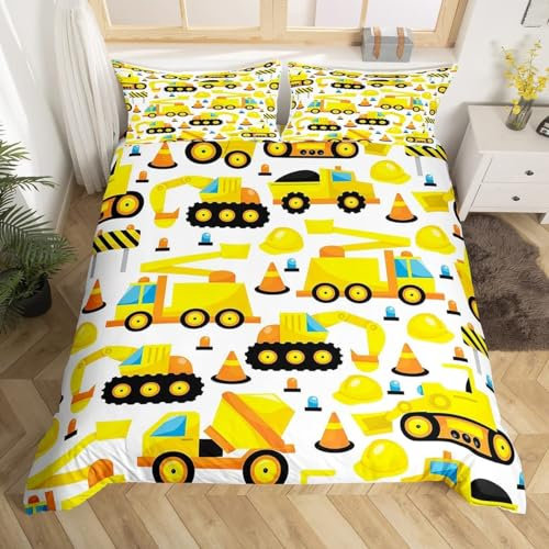 Sezhiqeu Bagger Für Kinder Bettwäsche 200x200, 3D Muster Weich Mikrofaser Winter Bettwäsche-Sets Baufahrzeug Bettbezug + 2 Kissenbezug 80x80 cm mit Reißverschluss E952
