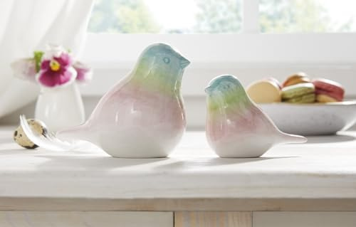 Dekoleidenschaft 2X Dekofigur Vogel Pastell aus Porzellan, glänzend, 9 + 12 cm hoch, Osterdeko, Frühlingsdeko, Figurenset